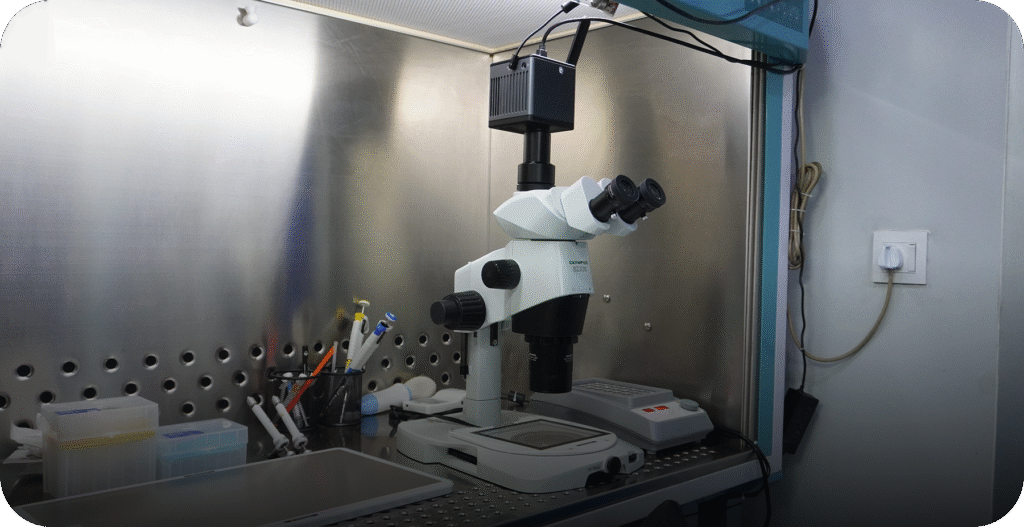 Olympus SZX16 stereo microscope inside a sterile laminar flow hood in the embryology lab. - AAS Fertility