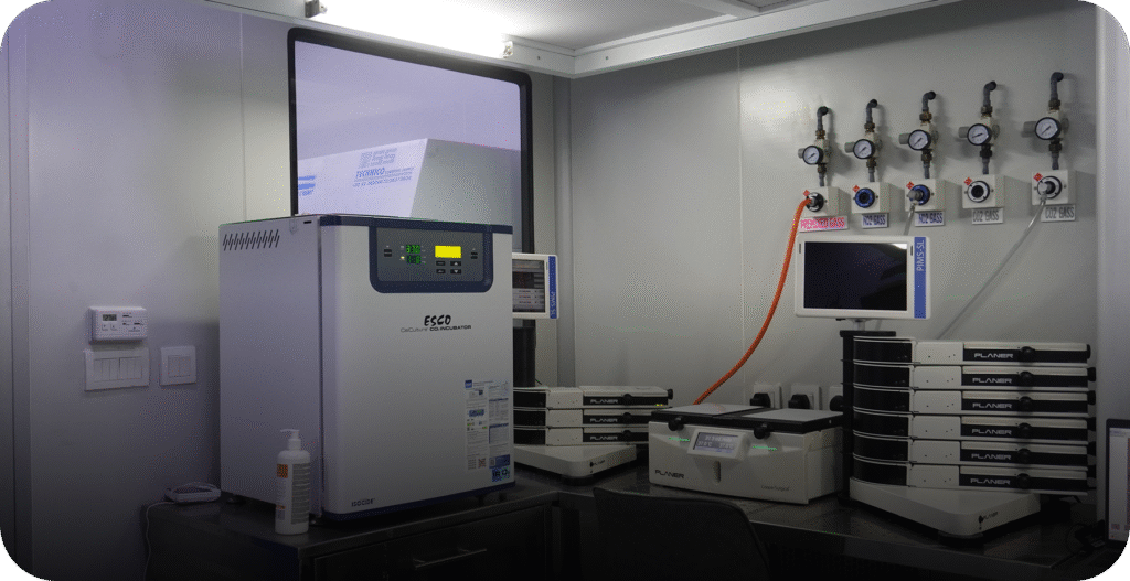 Overview of the embryology lab, showing $\text{CO}_2$ incubators, PLANER benchtop culture systems, and medical gas lines. - AAS Fertility