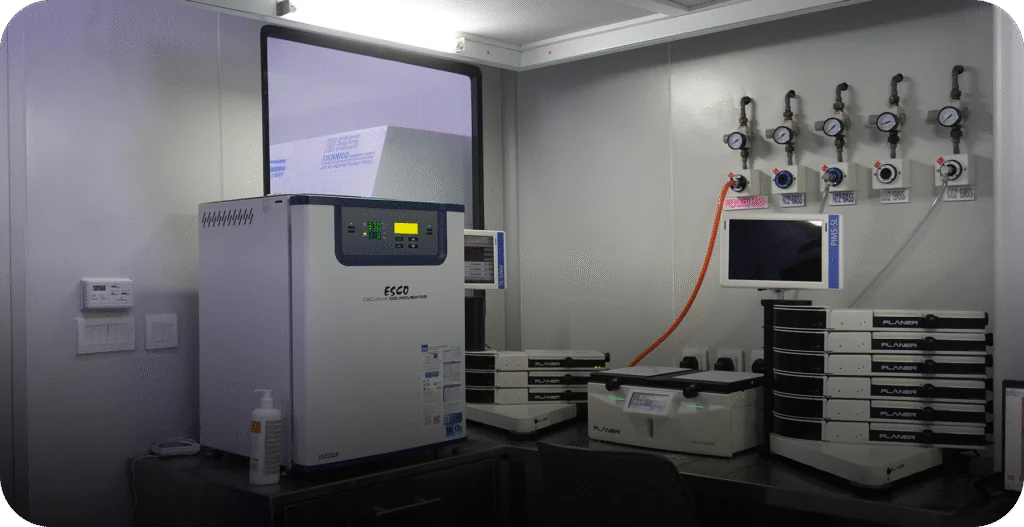 Overview of the embryology lab, showing $\text{CO}_2$ incubators, PLANER benchtop culture systems, and medical gas lines. - AAS Fertility